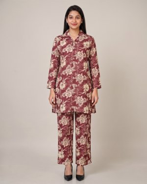 Gi Maart Women's Wine Floral Printed Cotton Co-ord Set