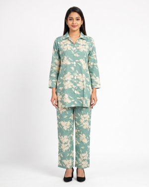 Women's Floral Printed Cotton Shirt with Straight Pants Co-ord Set