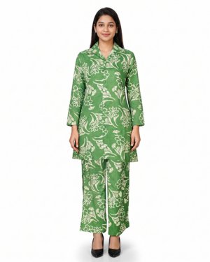 Women's Floral Printed Cotton Shirt Collar Kurta with Wide-Leg Pants Co-ord Set