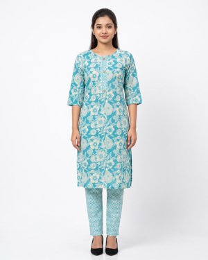 Women's Floral Printed Cotton Kurta with Straight Pants Co-ord Set