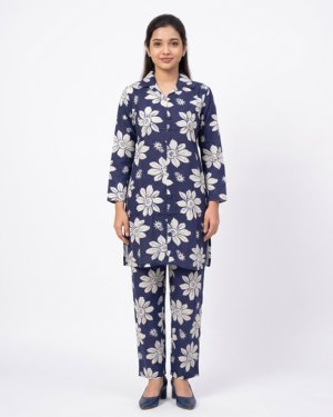 Women's Floral Printed Cotton Shirt Collar Kurta with Straight Pants Co-ord Set