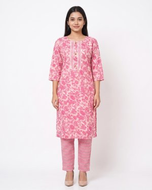 Women's Paisley Floral Printed Cotton Kurta with Straight Pants Co-ord Set