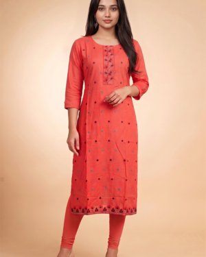 Gi Maart Women's Coral Pink Embroidered Rayon Straight Kurta
