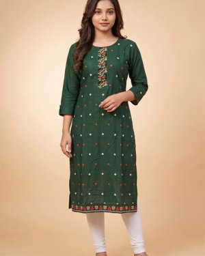 Women's Bottle Green Embroidered Rayon Straight Kurta