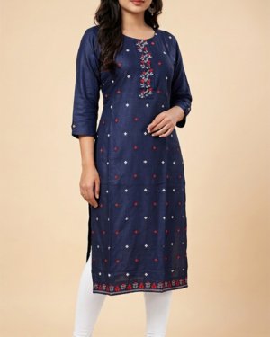 Women's Navy Blue Embroidered Rayon Straight Kurta