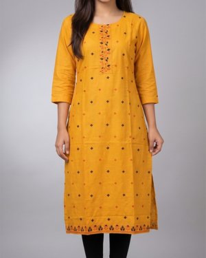 Women's Mustard Yellow Embroidered Rayon Straight Kurta